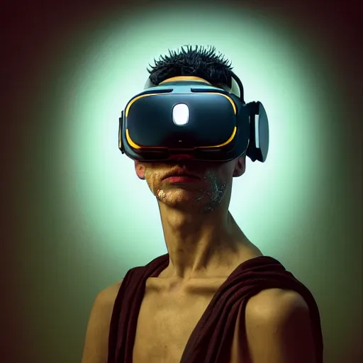 Image similar to Colour Caravaggio Bosch style Photography of Man with reflecting glowing skin with highly detailed 1000 years old face with reflecting glowing skin wearing highly detailed sci-fi VR headset designed by Josan Gonzalez. Many details . In style of Josan Gonzalez and Mike Winkelmann and andgreg rutkowski and alphonse muchaand and Caspar David Friedrich and Stephen Hickman and James Gurney and Hiromasa Ogura. Rendered in Blender and Octane Render volumetric natural light