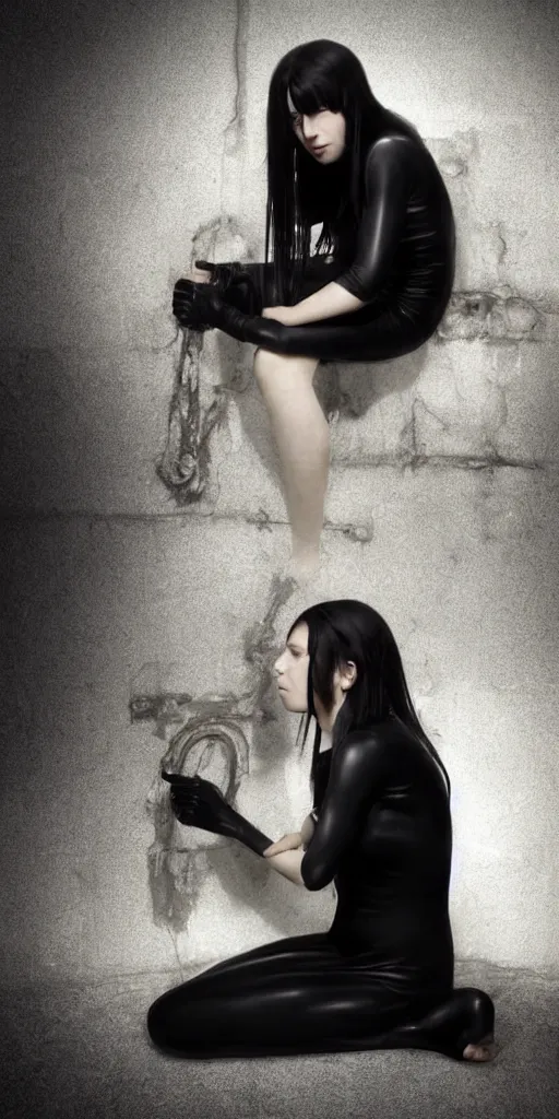 Image similar to photo of lonely young girl with straight long black hair wearing black dress and sitting on bathroom floor, photo made by vanessa beecroft, render by artgem and alphonse mucha for capcom co, resident evil