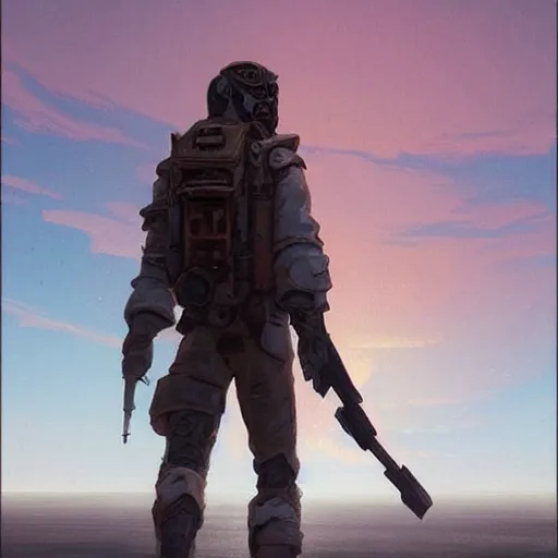 Prompt: a lone soldier sci-fi retro walking on a dead planet while in the horizon you can see a beutiful sunset digital painting, artstation, concept art, soft light, hdri, smooth, sharp focus, illustration, fantasy, intricate, elegant, highly detailed, D&D, matte painting, in the style of Greg Rutkowski and Alphonse Mucha and artemisia, 8k, highly detailed, jurgens, rutkowski, bouguereau, pastoral, rustic, georgic