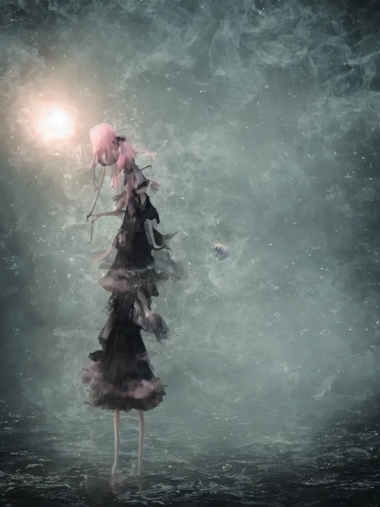 Image similar to cute fumo plush girl witch standing in reflective murky river water, otherworldly gothic horror maiden in tattered cloth, hazy heavy swirling volumetric fog and smoke, moonglow, lens flare, vray