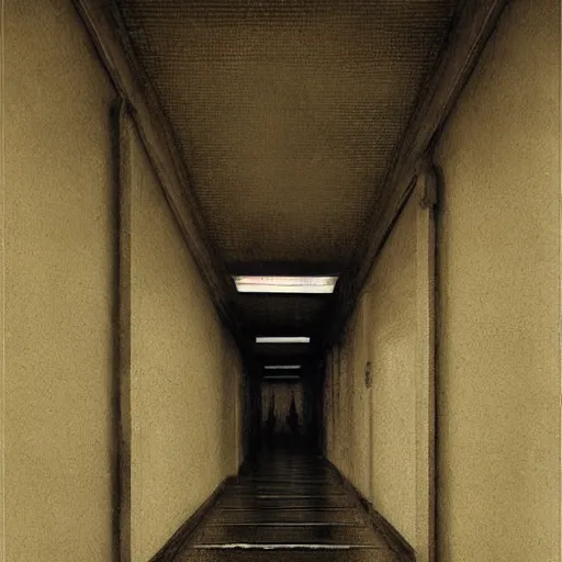 Prompt: hallway of a hospital, horror, creatures, anxiety, by greg rutkowski,