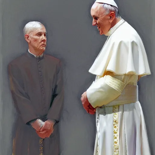 Image similar to king kneeling, pope standing in front of him, detailed by greg manchess, craig mullins, bernie fuchs, walter everett