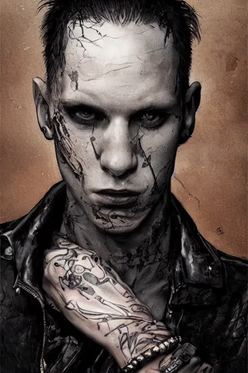 Image similar to an ugly young man, shaved head, punk, tattered leather coat, intricate, elegant, dramatic lighting, highly detailed, lifelike, photorealistic, digital painting, artstation, illustration, concept art, smooth, sharp focus, art by John Collier and Albert Aublet and Krenz Cushart and Artem Demura and Alphonse Mucha