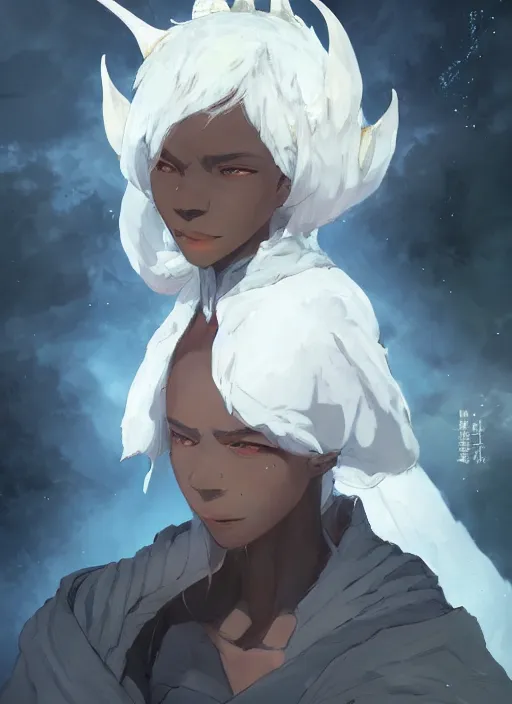 Prompt: concept art painting of a dark skinned person with short white hair, demon horns, white freckles, full clothing, blue robes, detailed, cel shaded, in the style of ruan jia and artgerm and makoto shinkai and james gurney