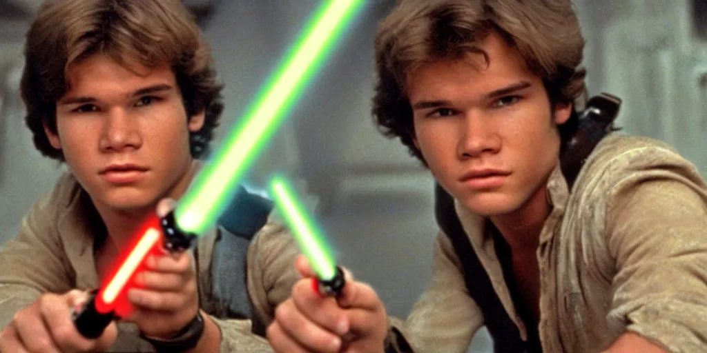 Image similar to a full color still of a teenaged Han Solo holding a lightsaber hilt during a sci-fi battle, cinematic lighting, 1999, directed by Steven Spielberg, 35mm