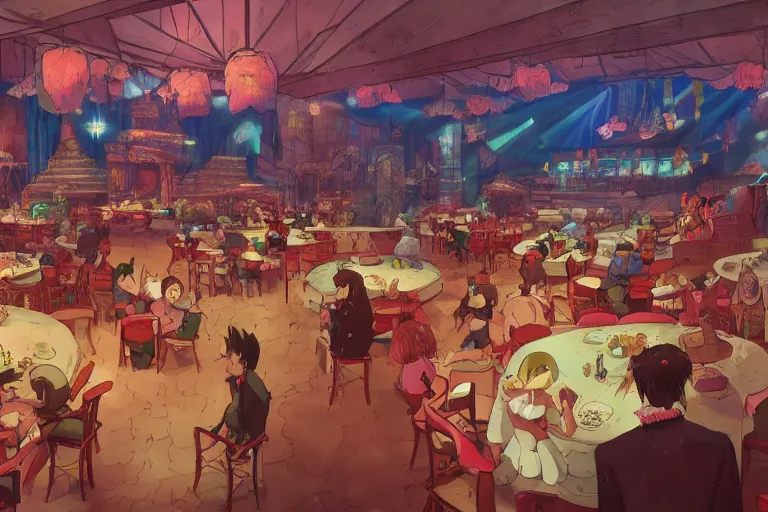 Image similar to interior wide angle shot of a fantasy cabaret in the style of studio ghibli, makoto shinkai