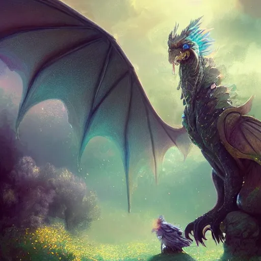 Image similar to beautiful digital fantasy illustration of a closeup adorable giant fluffy feathered sparkling pearlescent pastel dragon! sitting alone in a flower meadow, concept art by greg rutkowski, anato finnstark, and rebecca guay, highly detailed, soft lighting, rendered in octane