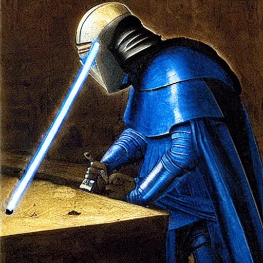 Image similar to a paint of a knight welding a blue lightsaber by Leonardo da Vinci