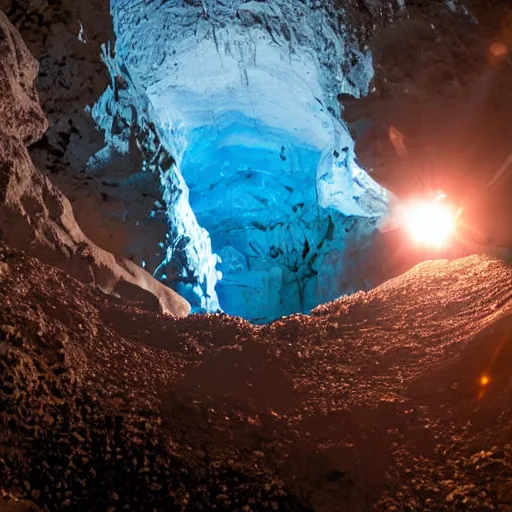 Prompt: dark glacier cave with a glowing spike of ice in the center, surreal,