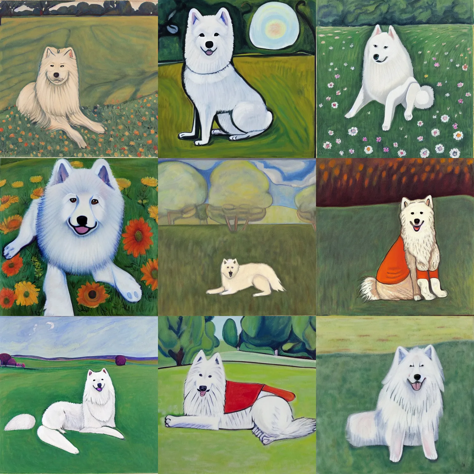 Prompt: a samoyed dog sitting in the middle of sunny meadow, by alice neel