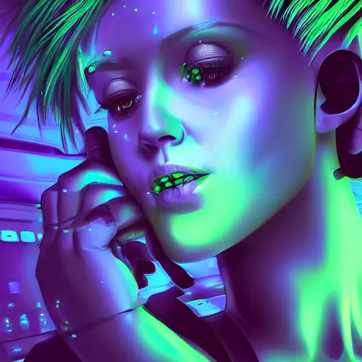 Prompt: A woman with short green hair hooked up to supercomputers around her. Sci-Fi, Vaporwave, ArtStation, Digital Art, 4k.