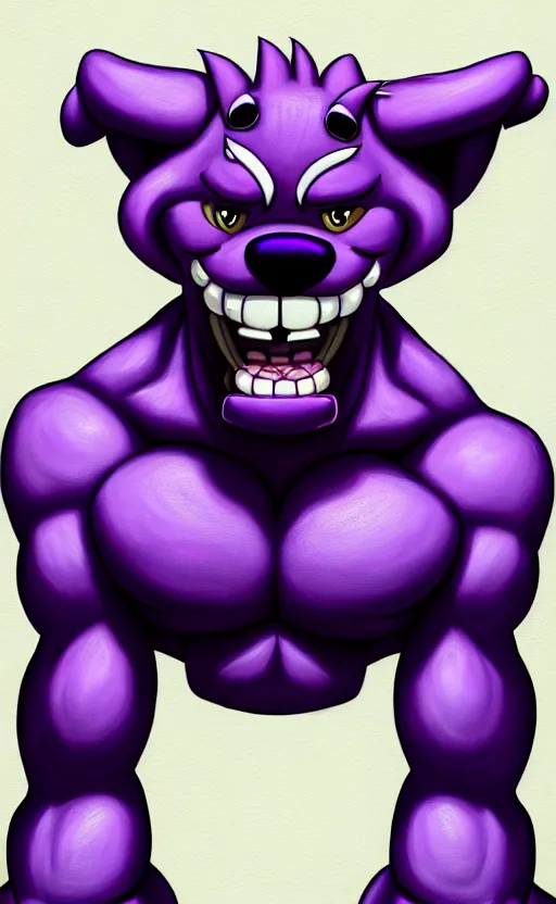 Prompt: painting of an anthropomorphic bulky muscular purple dog, furry style, wearing jeans, deviant art, fursona, professional furry drawing, insanely detailed, bulky dog face, detailed veiny muscles, exaggerated features, beautiful shading, huge white teeth, grinning, standing in a street, flexing and posing