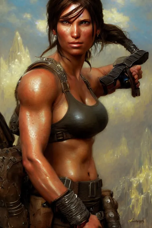 Image similar to muscular sweat lara croft wearing final fantasy armor, exhausted face close up, highly detailed painting by gaston bussiere, craig mullins, j. c. leyendecker 8 k