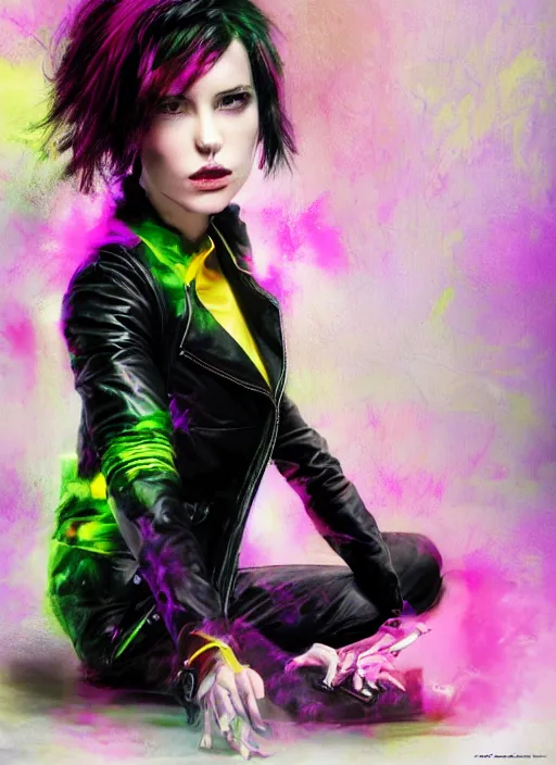 Image similar to a photo of 8 k ultra realistic a black haired female in high heels and a black leather jacket, pink, purple, green, yelow, red, blue neon, art by lise deharme