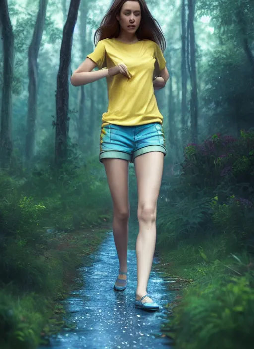 Image similar to young woman walking : : blue shorts yellow shirt : : magic raining forest nature : : weta disney pixar movie still photo : : decadent highly - detailed digital painting, full length shot, golden ratio, octane render, artstation, smooth, sharp focus, artgerm, mucha, loish, wlop, gogo