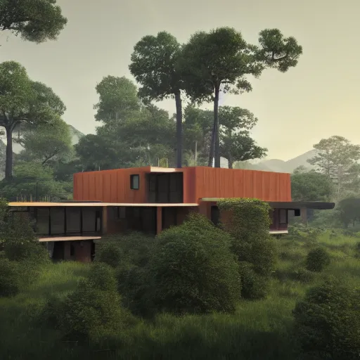 Image similar to rectangular modernist house inspired by a tibetan palace, surrounded by thick collumns, two levels, in a field, big trees, clouds, dramatic lighting, artstation, matte painting, raphael lacoste, simon stalenhag, frank lloyd wright, drone view