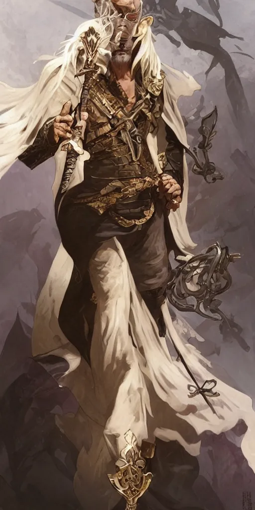 Image similar to full body character design of The King of Thieves, Long White Hair, wielding Daggers, Scars, Half Gold Mask, Broken Shackles, highly detailed, Tattoos, concept art, sharp focus, character concept art, smooth, illustration, by artgerm and greg rutkowski and alphonse mucha