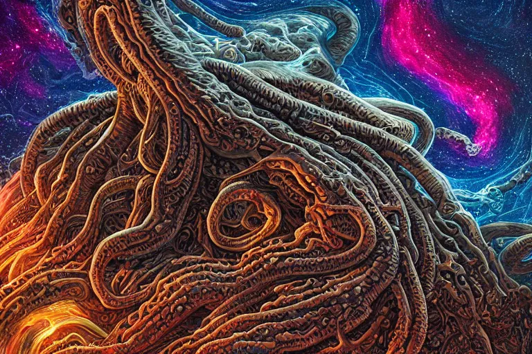 Image similar to a giant skull and flesh creature with deep and intricate rune carvings and twisting lovecraftian tentacles emerging from a space nebula by dan mumford, twirling smoke trail, a twisting vortex of dying galaxies, collapsing stars, digital art, photorealistic, vivid colors, highly detailed, intricate