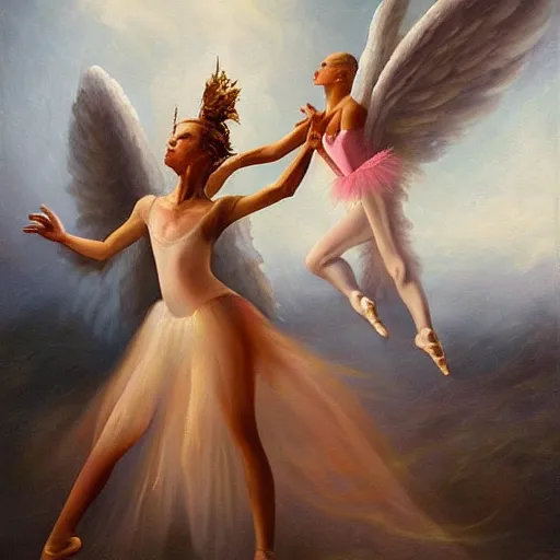 Image similar to a stunning oil painting of an angel ballerina facing off against a demon ballerina in an epic battle