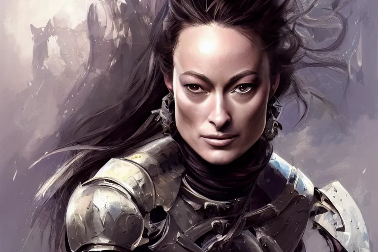 Image similar to a finely detailed portrait of Olivia Wilde, clothed in battle armor, olive skin, long dark hair, beautiful bone structure, symmetrical facial features, intricate, elegant, digital painting, trending on Artstation, concept art, smooth, sharp focus, illustration, from Metal Gear by Ruan Jia and Mandy Jurgens and Artgerm and and william-adolphe bouguerea, award winning