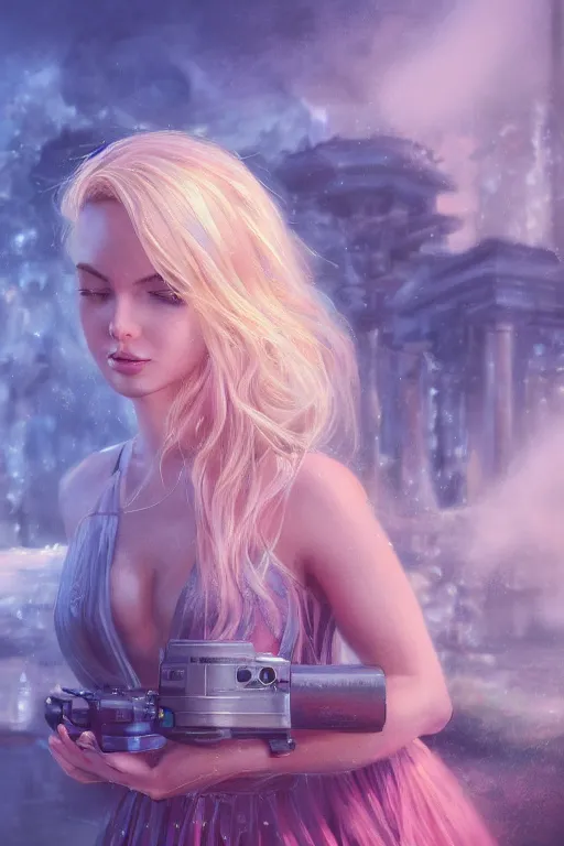 Image similar to an insanely detailed close up portrait of a beautiful blonde haired woman, blue dress, holding nikon camera, background is a fountain in the park, in the style of peter mohrbacher, artgerm, dramatic lighting and composition, pink fog background, octane render, trending on artstation, concept art 8 k