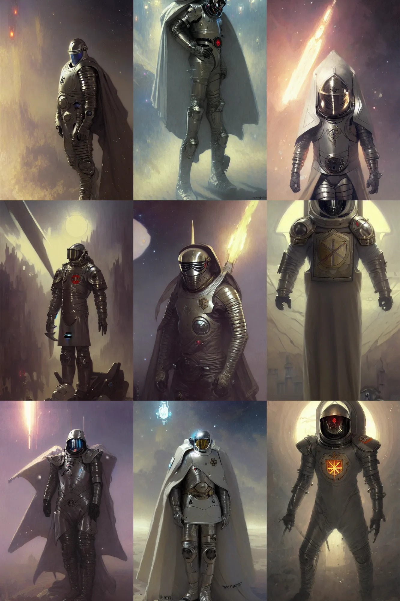Prompt: knights templar in a space suit with grey cape, cyberpunk, character design, painting by gaston bussiere, greg rutkowski, artgerm, alphonse mucha, trending on artstation