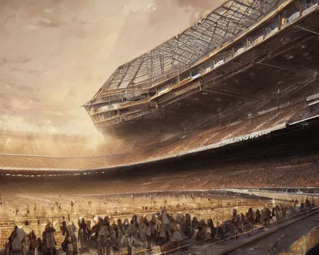 Image similar to a football stadium in the style of golden age syrian empire architecture, art by greg rutkowski and artgerma, stunning concept art, exterior design