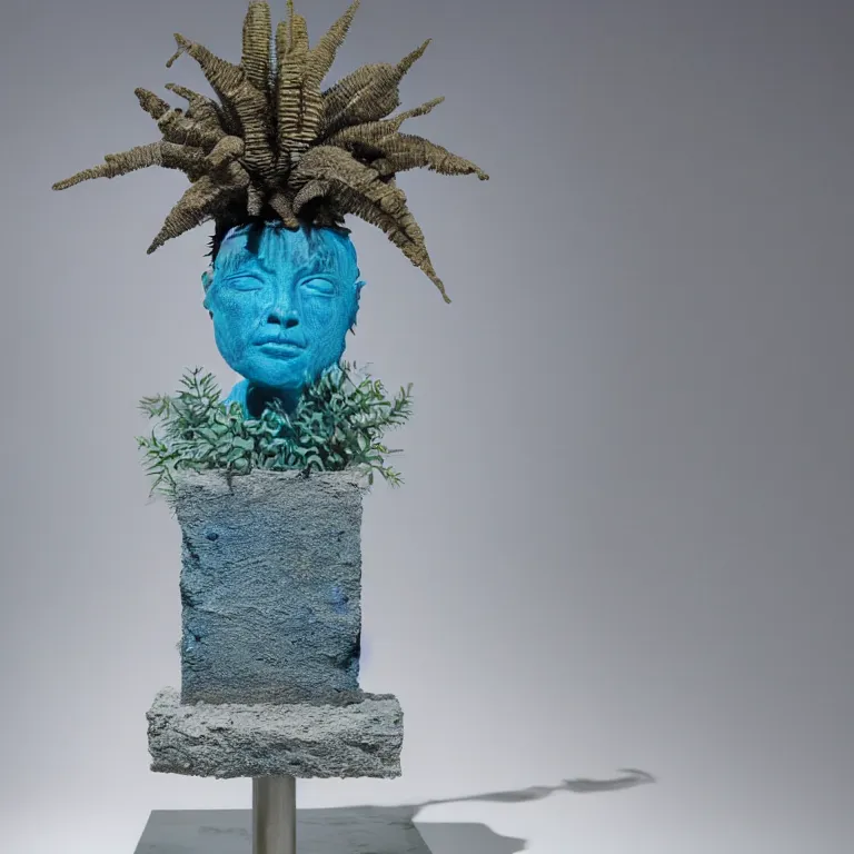 Image similar to hyperrealistic sculpture of a distressed bronze ancient fossilized echinoderm urchin dusted with opalescent blue spraypaint and ferns in a nylon grid cage on a pedestal by ron mueck and duane hanson and lee bontecou, hyperrealistic dramatic colored lighting trending on artstation 8 k