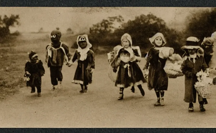 Image similar to Vintage postcard of children trick-or-treating, hi-res scan, stark composition, sepia tone, eerie lighting,