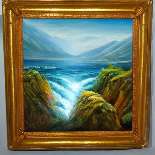 Image similar to Realm between the mountains and the sea, fantasy, oil painting, extra detailed