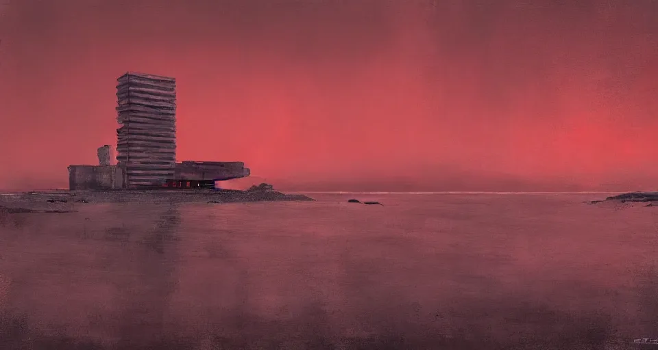 Prompt: seaside brutalist building bathed in crimson light, night, dark, by Cédric Peyravernay