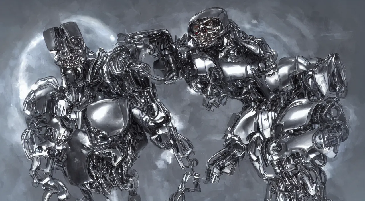 Image similar to Terminator themed concept art, small chrome flying mechanical disks, trending on artstation,