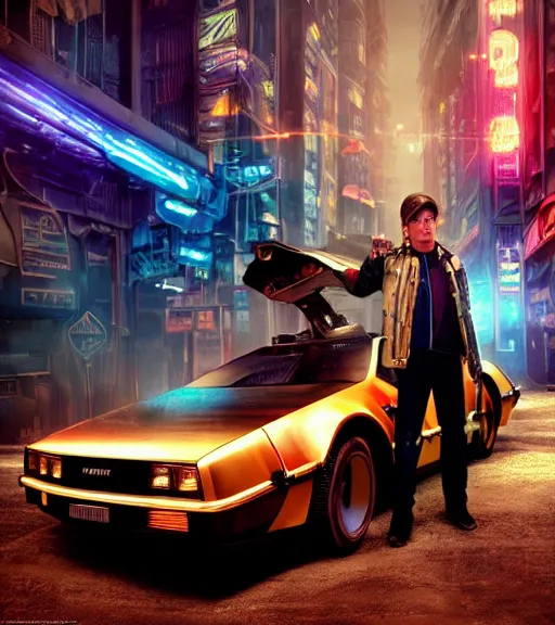 Image similar to marty mcfly standing besides a steampunk delorean in a cyberpunk city, neon signs, futuristic, realistic, 8 k, extremely detailed, cgi, trending on artstation, hyper - realistic render, 4 k hd wallpaper, premium prints available, by greg rutkowski, esuthio, craig mullins, dystopian scifi gear, gloomy