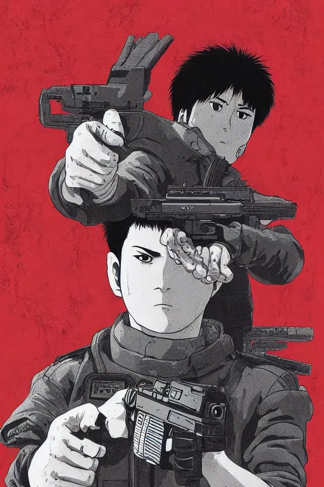 Image similar to a portrait of kaneda from akira with a glock - 1 8 gen 4, in the art style of katsuhiro otomo, realistic, highly detailed, b & w, 4 k