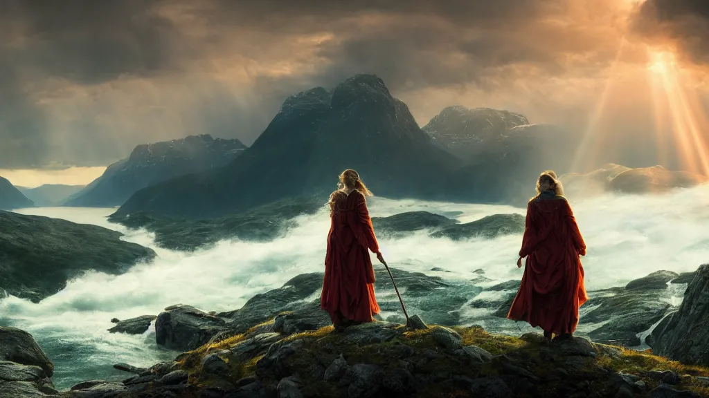 Image similar to wizard, norway fjord, natalie portman, hudson river school, max rive, full plate armor, f 1 6, bokeh, gentle, female, snowy mountain, storm clouds, god rays, close up portrait, d & d, fantasy, elegant, teal orange color palette, concept art, roger deakins and greg rutkowski and alphonse mucha