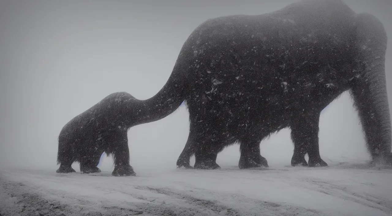 Prompt: “photo of a biomechanical mammoth in an arctic storm with fog and blizzard, the mammoth drags old gigantic coal wagons with snow, it's a sunset photo with cold tones”