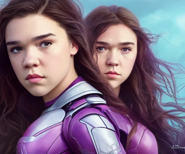 Prompt: photograph of Hailee Steinfeld and Florence Pugh, Kate Bishop, Yelena Belova, Marvel, Hawkeye, Black Widow, blush, intricate, face, elegant, purple mist, highly detailed, digital painting, artstation, concept art, matte, sharp focus, illustration, art by Artgerm and Greg Rutkowski and Alphonse Mucha