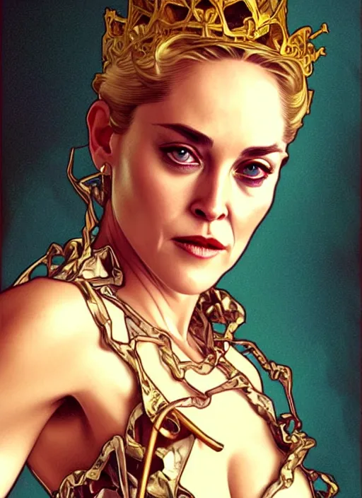 Image similar to young sharon stone as a serial killer queen, incredibly detailed face, light half opened dress, true anatomy, art by artgerm and greg rutkowski and alphonse mucha