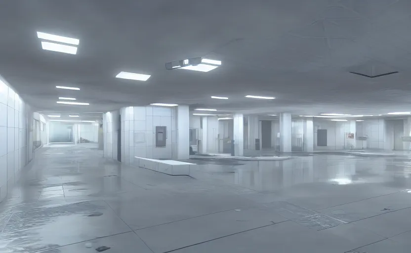 Image similar to screenshot of a first person shooter game on unreal engine 5, narrow modern hallways of a government office facility with white dry wall, photorealistic, retrofuturism, concept art, trending on artstation