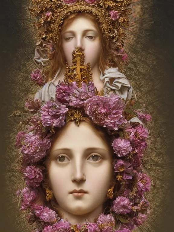 Image similar to a beautiful portrait render of baroque catholic virgin mary sculpture who wearing dramatic headdress with An intricate fractal of flowers and star,by Billelis and aaron horkey and Jean-Baptiste Greuzeand and peter gric and Franz Xaver Winterhalter,Artstation,pinterest,jewelry,porcelain,gold,pink,pearlescent,maximalist