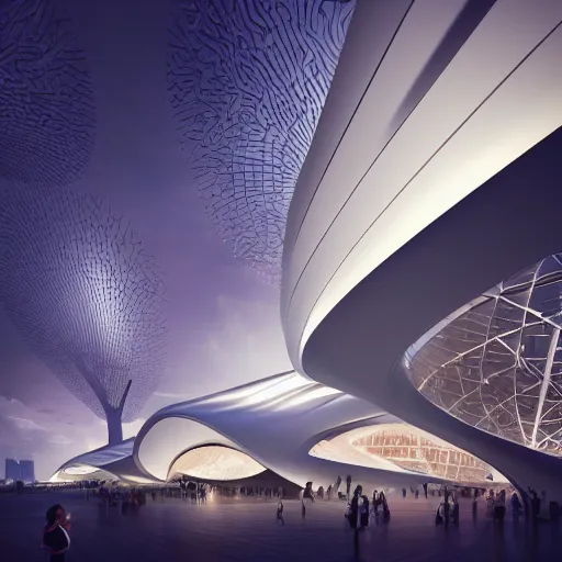 Prompt: singapore pavillion architecture exterior at the next world expo designed by zaha hadid, elegant atmosphere, glowing lights, highly detailed, digital painting, artstation, concept art, smooth, sharp focus, illustration, art by wlop, mars ravelo and greg rutkowski