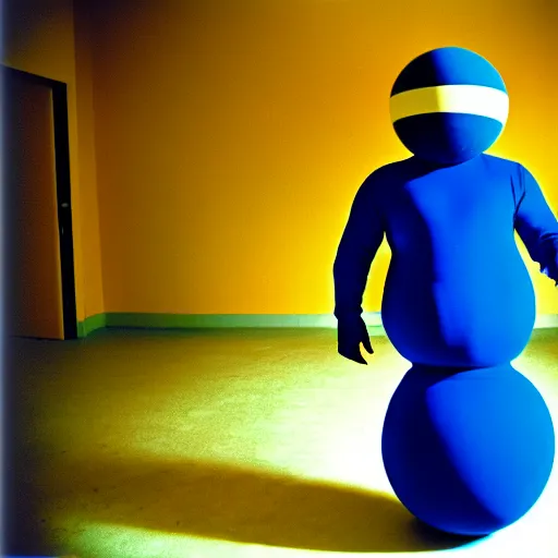 Prompt: a spherical man in a blue morphsuit waddling across the room, 3 5 mm, film shot