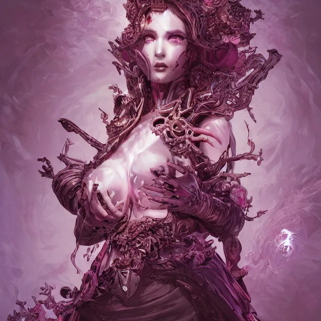 Image similar to the portrait of chaotic evil sensual female necromancer overlord as absurdly beautiful, gorgeous, elegant, sadistic young woman, an ultrafine hyperdetailed illustration by kim jung gi, irakli nadar, intricate linework, bright colors, octopath traveler, final fantasy, unreal engine 5 highly rendered, global illumination, radiant light, detailed and intricate environment