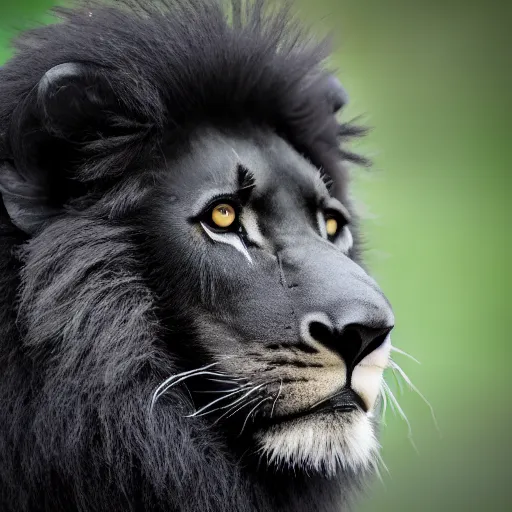 Prompt: professional photography of a black lion, spectacular in its beauty, 8 k