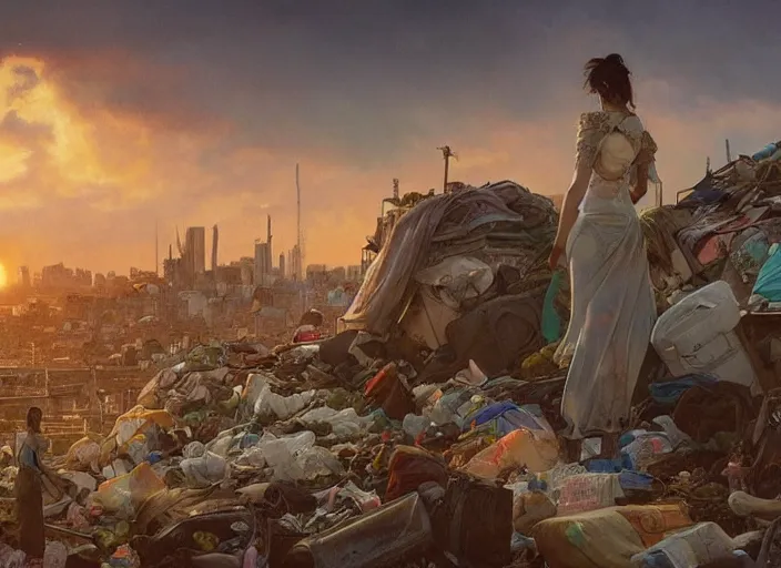 Image similar to seen from window, garbage dump, city is pure wasteland, sunset in background, detailed characters, alphonse mucha, greg rutkowski, trending on artstation, artgerm, breathtaking, sharp focus, smooth, mark arian, award winning, highly detailed 4 k art