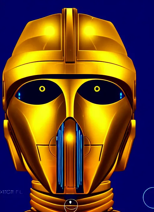 Image similar to symmetry portrait of c 3 p 0, sci - fi, tech wear, blue and yellow glowing lights, intricate, elegant, highly detailed, digital painting, artstation, smooth, sharp focus