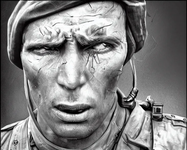 Image similar to A soldier holding a tank machine gun, face in despair, world war 1, close-up, realistic face, beautiful face detail, mature facial features, black and white, amazing digital art, hyper detailed, artstation, in the style of Tony Sart