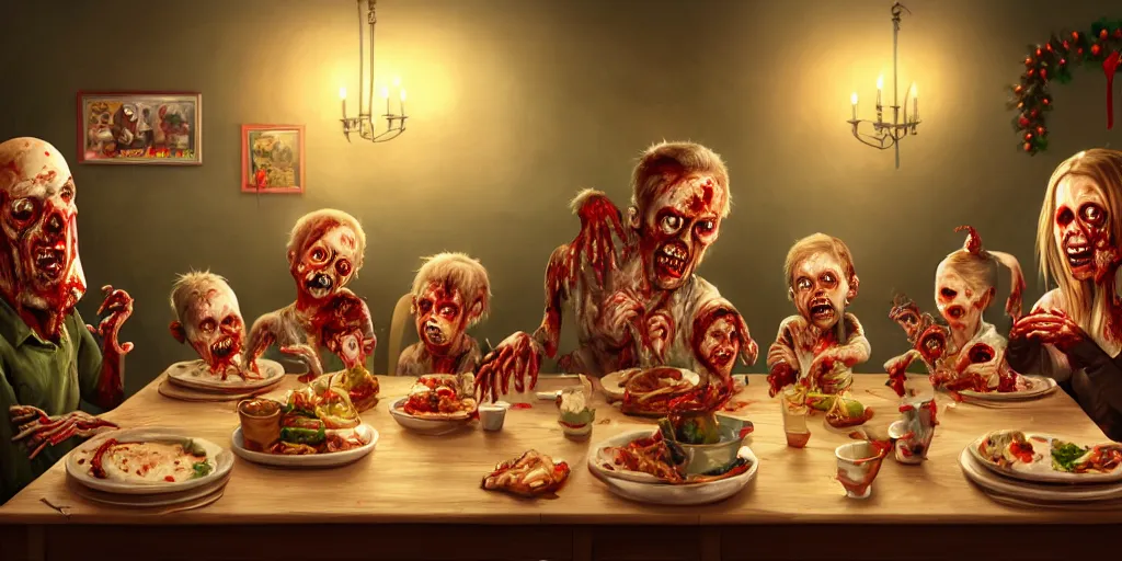 Image similar to a zombie family christmas diner, wide angle, super highly detailed, professional digital painting, artstation, concept art, smooth, sharp focus, no blur, no dof, extreme illustration, unreal engine 5, photorealism, hd quality, 8 k resolution, cinema 4 d, 3 d, beautiful, cinematic, art by wlop