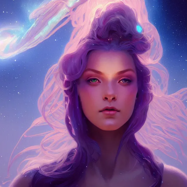 Prompt: close up portrait of beautiful, gorgeous space goddess, princess, symmetry!! ethereal glowing otherworldy blue skin, exploding nebula, and glowing hair, subsurface scattering, artistic, art by artgerm, greg rutkowski and alphonse mucha, artstation, octane render,