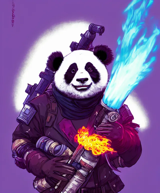 Image similar to a portrait of a cyberpunk panda holding a flamethrower, fantasy, elegant, digital painting, artstation, concept art, matte, sharp focus, illustration, art by josan gonzalez